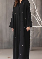 Black Beadwork Gown abaya – Straight-Cut Open-Front with Hidden Buttons
