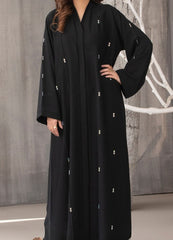 Black Beadwork Gown abaya – Straight-Cut Open-Front with Hidden Buttons