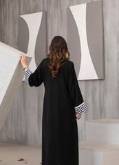 Black Abaya with White Houndstooth Pattern & Elegant Piping Detail