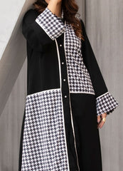 Black Abaya with White Houndstooth Pattern & Elegant Piping Detail