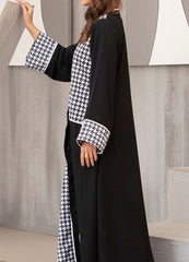 Black Abaya with White Houndstooth Pattern & Elegant Piping Detail
