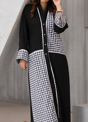 Black Abaya with White Houndstooth Pattern & Elegant Piping Detail