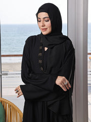 Zafreen – Black Open-Front Nidha Abaya with Elegant Laser Cut Detailing & Sheila