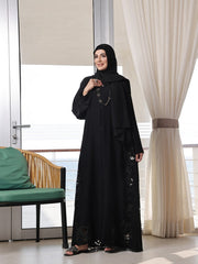 Zafreen – Black Open-Front Nidha Abaya with Elegant Laser Cut Detailing & Sheila