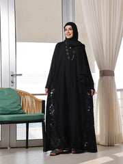 Zafreen – Black Open-Front Nidha Abaya with Elegant Laser Cut Detailing & Sheila