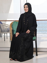 Zafreen – Black Open-Front Nidha Abaya with Elegant Laser Cut Detailing & Sheila