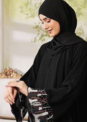Midnight Rose – Black Closed-Front Nidha Abaya with Embroidered Sleeves & Korean Chiffon Sheila