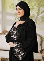 Midnight Rose – Black Closed-Front Nidha Abaya with Embroidered Sleeves & Korean Chiffon Sheila