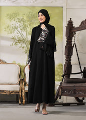 Midnight Rose – Black Closed-Front Nidha Abaya with Embroidered Sleeves & Korean Chiffon Sheila