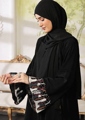 Midnight Rose – Black Closed-Front Nidha Abaya with Embroidered Sleeves & Korean Chiffon Sheila