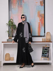 Nusrat – Black Front Open Abaya with Embroidered Bodice & Korean Chiffon Sheila