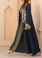 Blue Gown abaya with Printed Mosaic Panel & Subtle Front Buttons – Lightweight Comfort