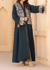 Blue Gown abaya with Printed Mosaic Panel & Subtle Front Buttons – Lightweight Comfort