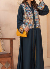 Blue Gown abaya with Printed Mosaic Panel & Subtle Front Buttons – Lightweight Comfort