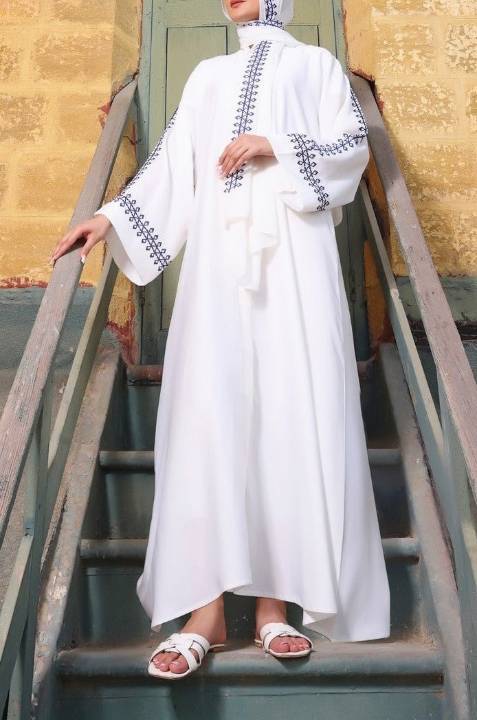 White Embroidered Abaya – Front Open Luxe Nidha Fabric