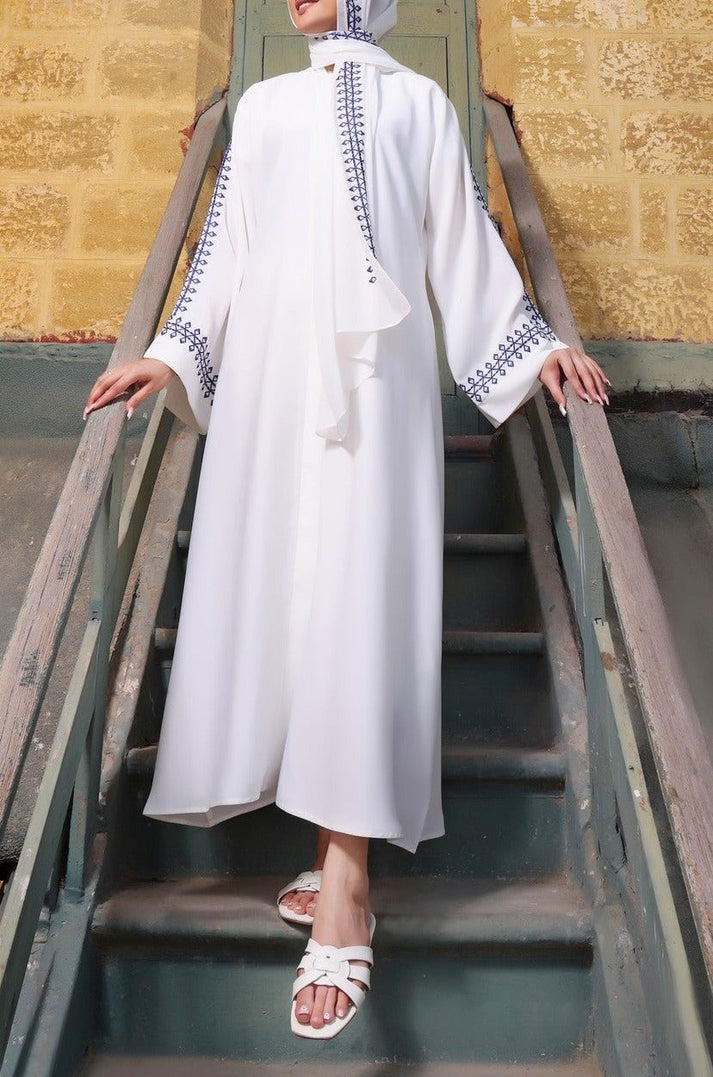 White Embroidered Abaya – Front Open Luxe Nidha Fabric