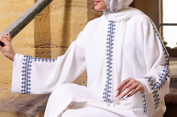 White Embroidered Abaya – Front Open Luxe Nidha Fabric