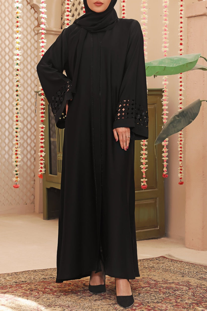 Black sleeve Laser Cut Front Open Abaya – Luxe Nidha Fabric