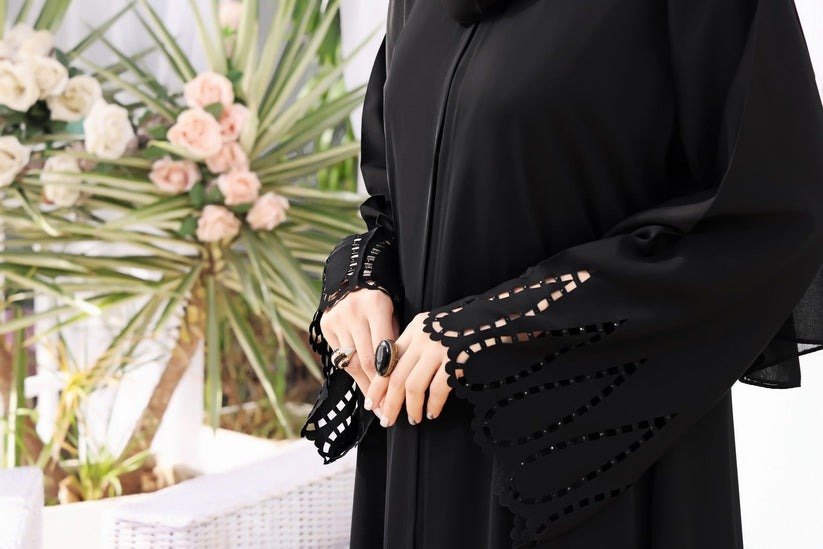 Black Laser Cut Front Open Abaya – Luxe Nidha Fabric