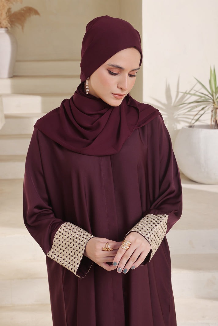 Elegant Maroon Front Open Abaya with Embroidered Sleeves & Matching Hijab