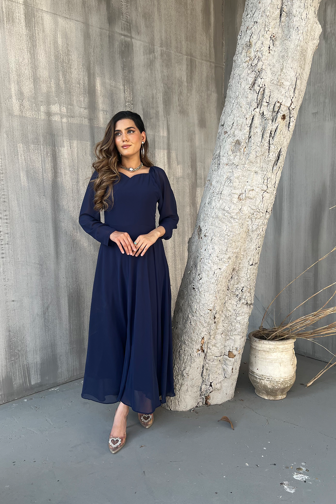 Zoe - Blue Chiffon Plain Dress Maxi