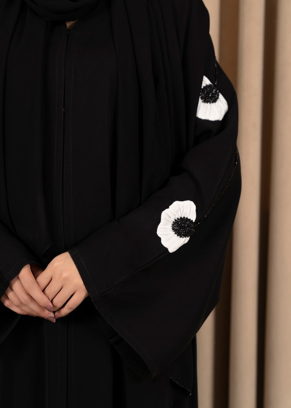 Fleur Noire – Black Open-Front Premium Korean Nidha Abaya with White Floral Embroidery