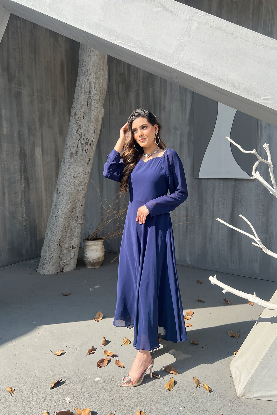 Zoe - Blue Chiffon Plain Dress Maxi