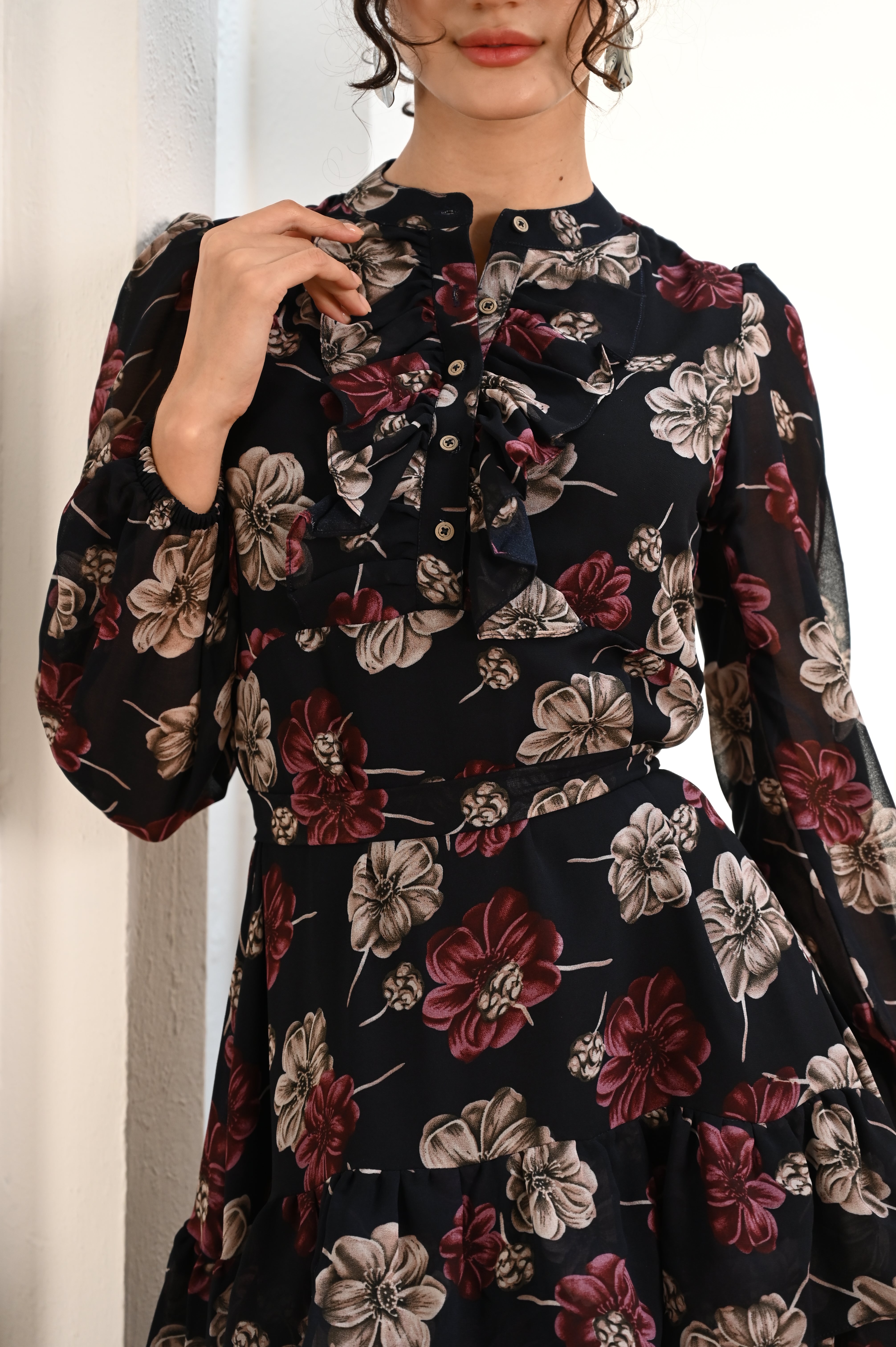Midnight Blooms Chiffon Printed Maxi Dress (with Stole)