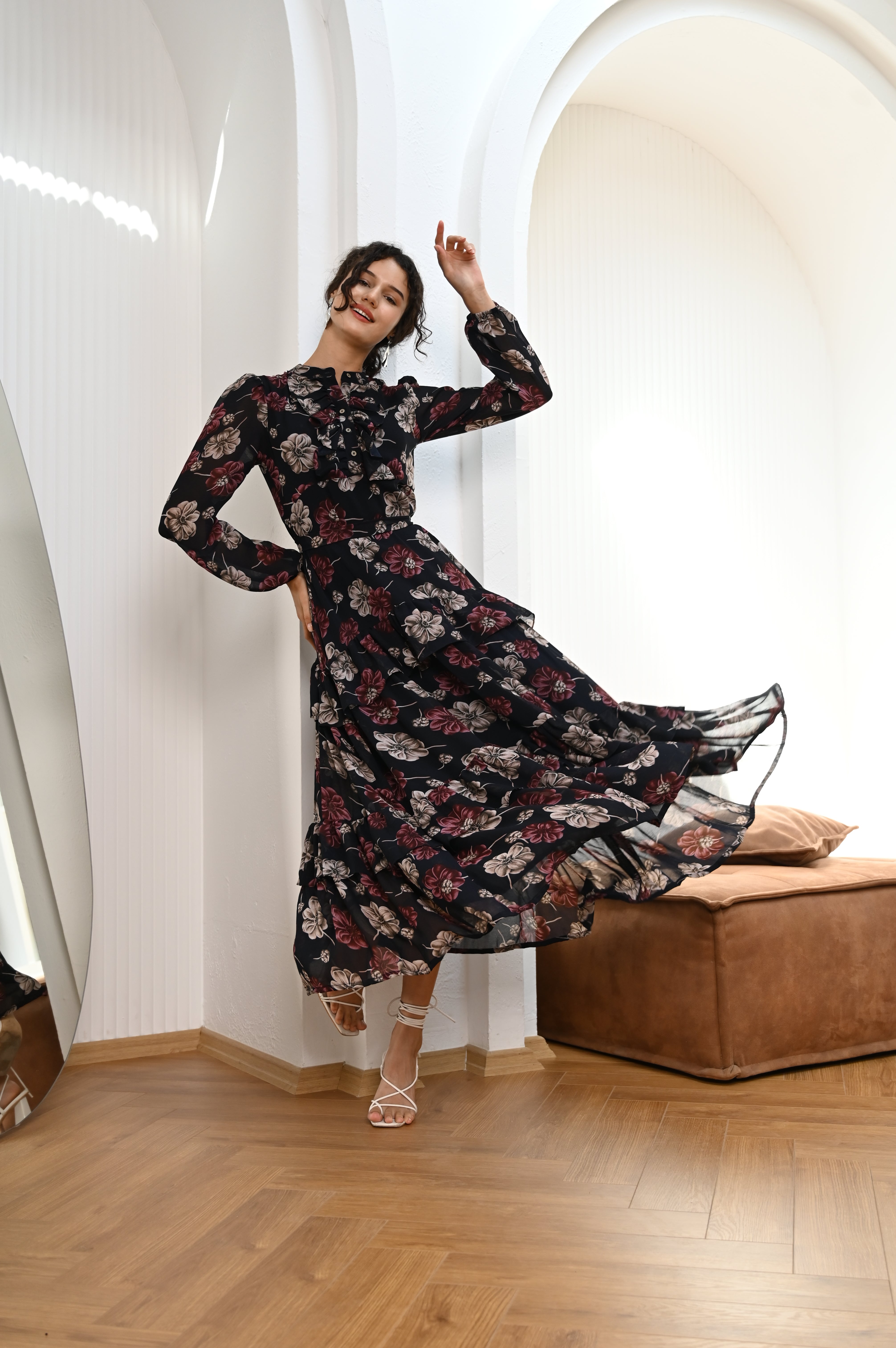 Midnight Blooms Chiffon Printed Maxi Dress (with Stole)