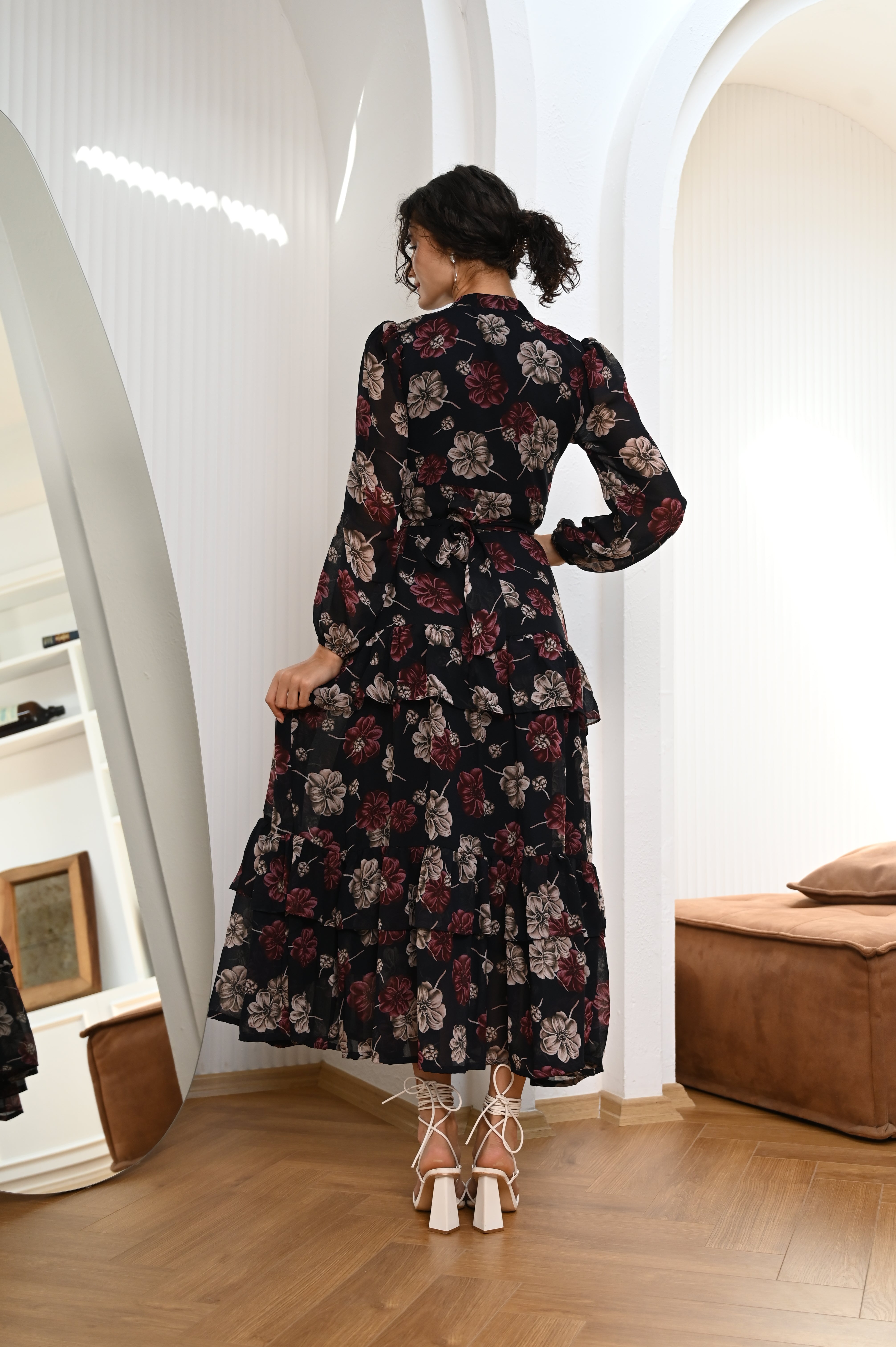 Midnight Blooms Chiffon Printed Maxi Dress (with Stole)