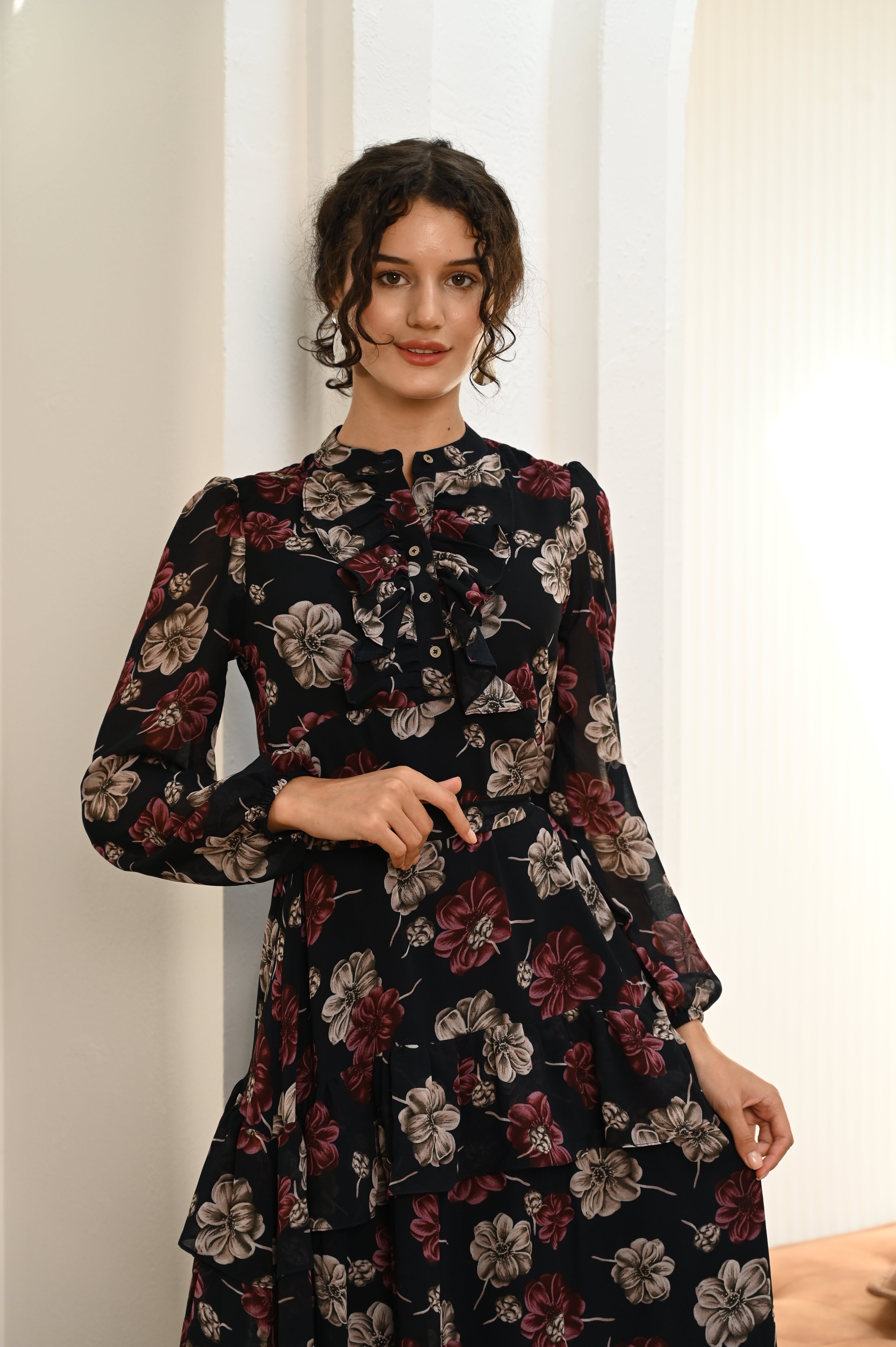 Midnight Blooms Chiffon Printed Maxi Dress (with Stole)
