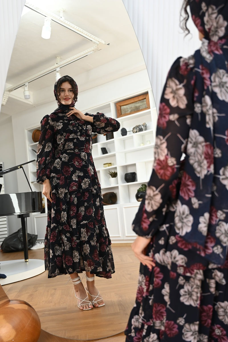 Midnight Blooms Chiffon Printed Maxi Dress (with Stole)