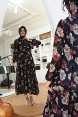 Midnight Blooms Chiffon Printed Maxi Dress (with Stole)
