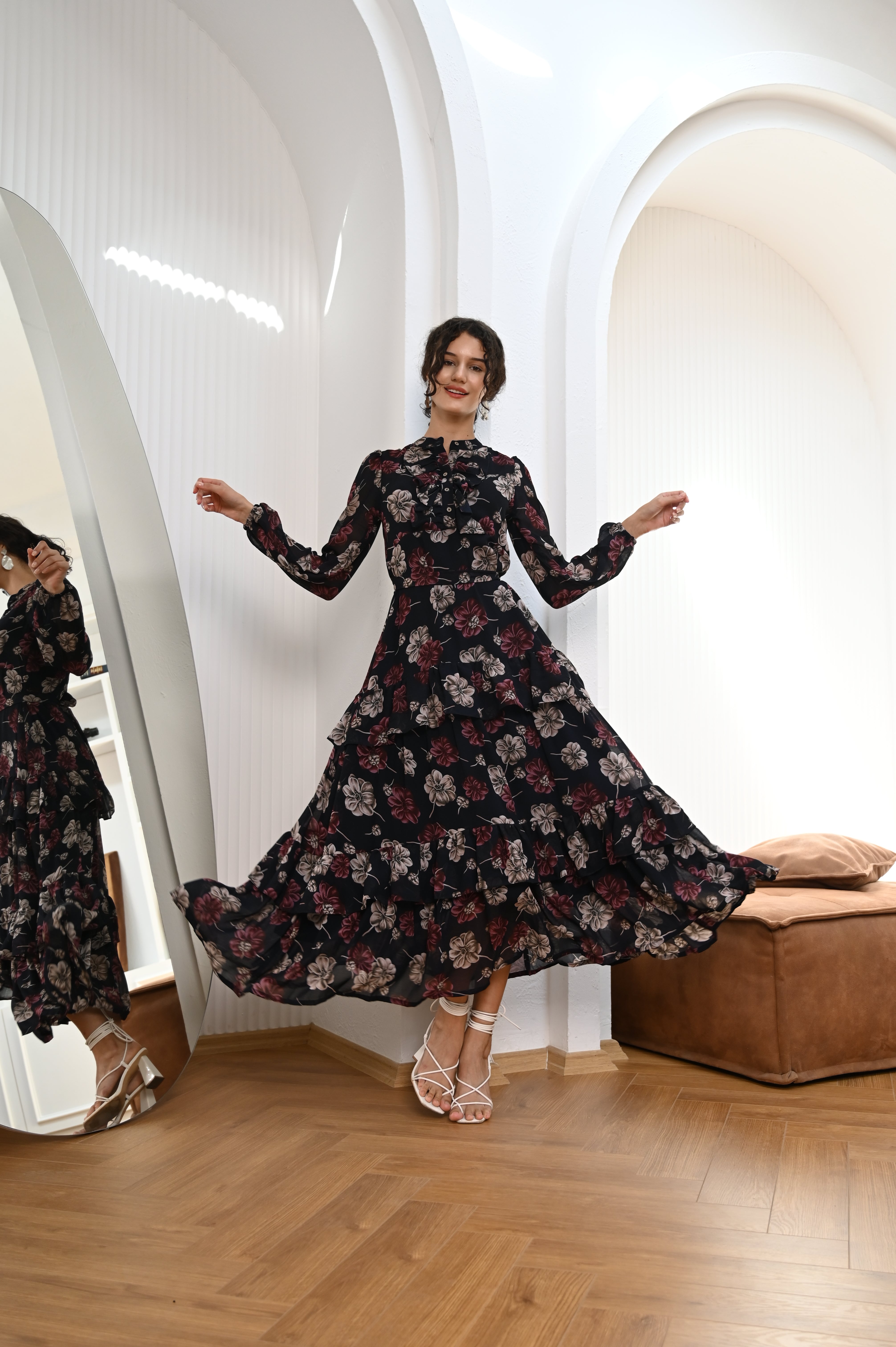 Midnight Blooms Chiffon Printed Maxi Dress (with Stole)