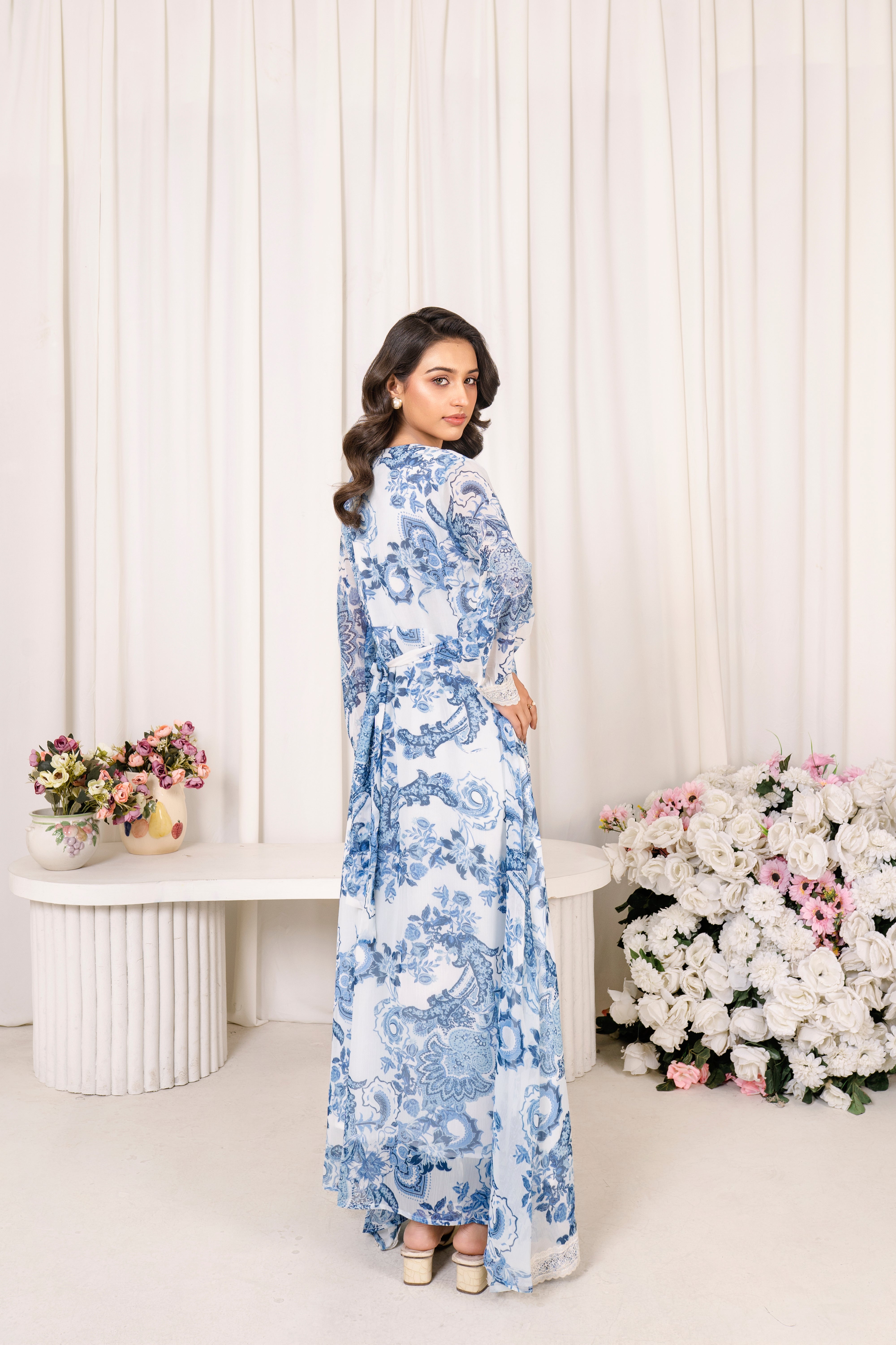 BELLA  Chiffon Printed Maxi Dress With Lace