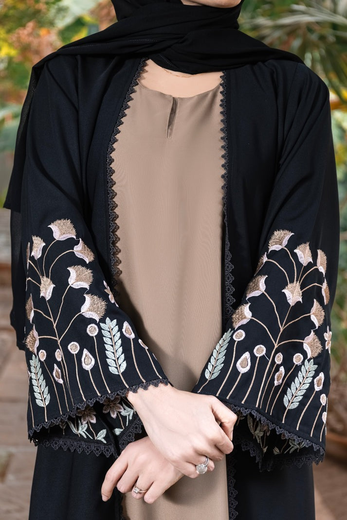 Black & Beige Coat Style Abaya – Luxe Nidha Fabric with Embroidery