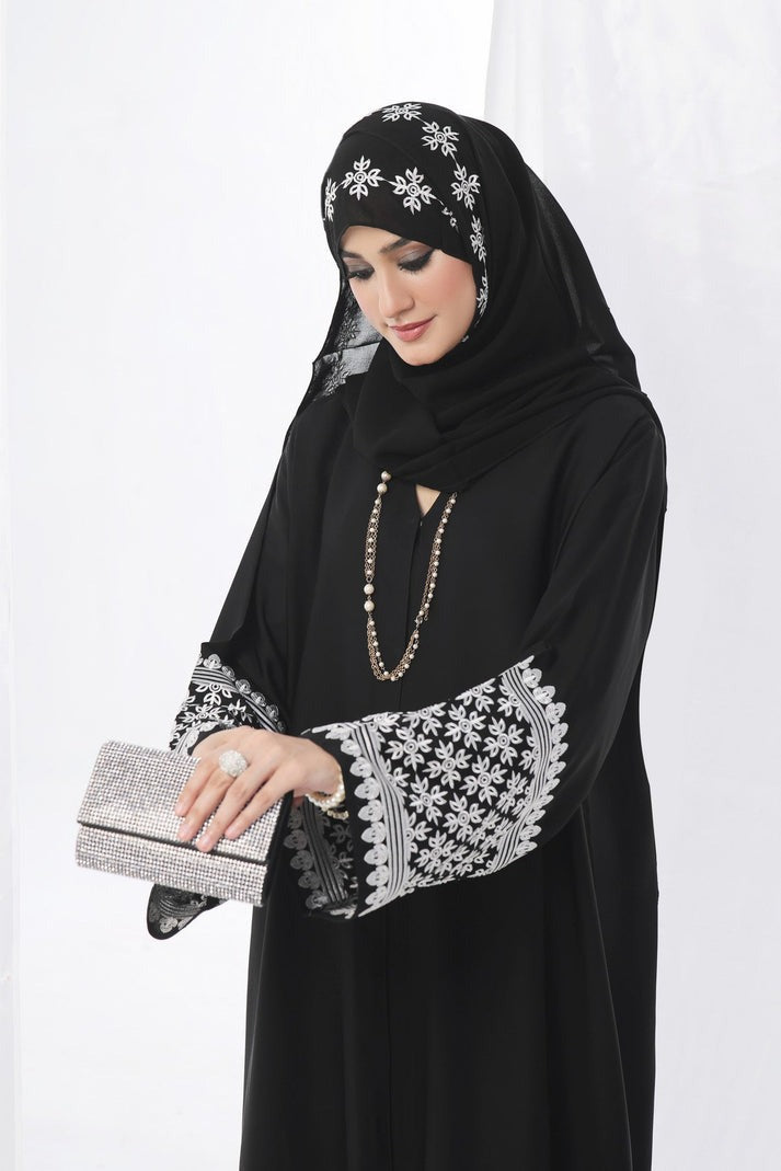 Elegant Black Nidha Abaya with White Embroidery – Front Open Style