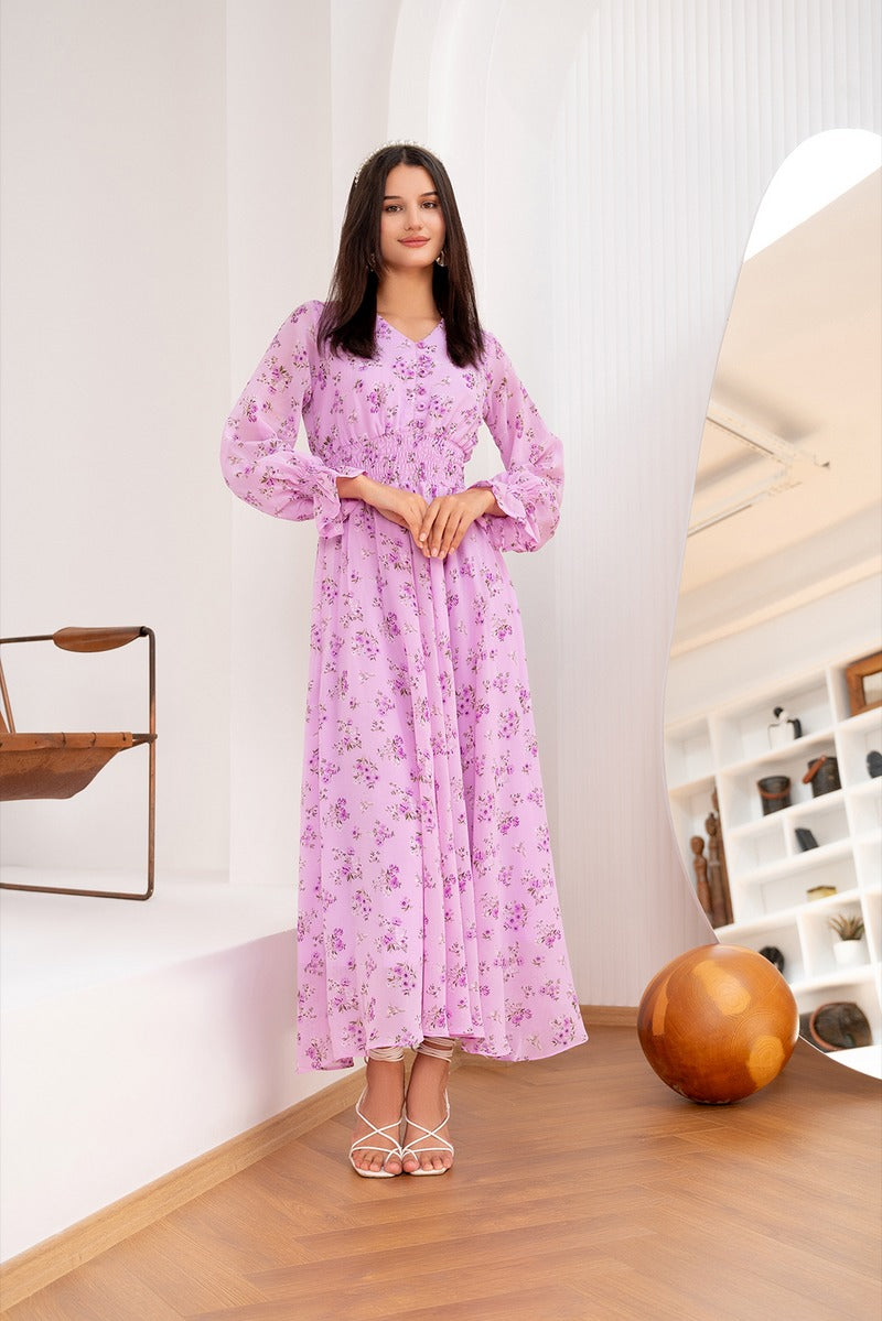 Purple Floral Print Boho Long Dresses Puff Long Sleeve V-Neck Vintage Beach