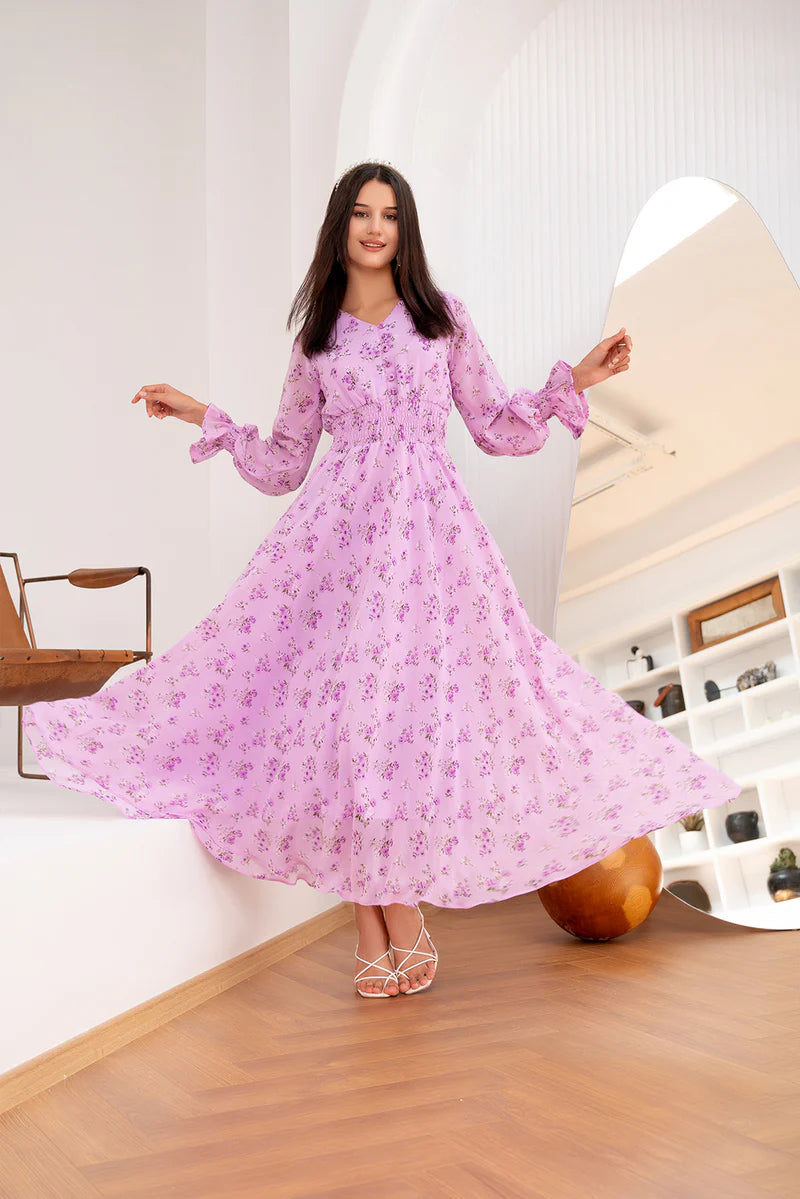 Purple Floral Print Boho Long Dresses Puff Long Sleeve V-Neck Vintage Beach