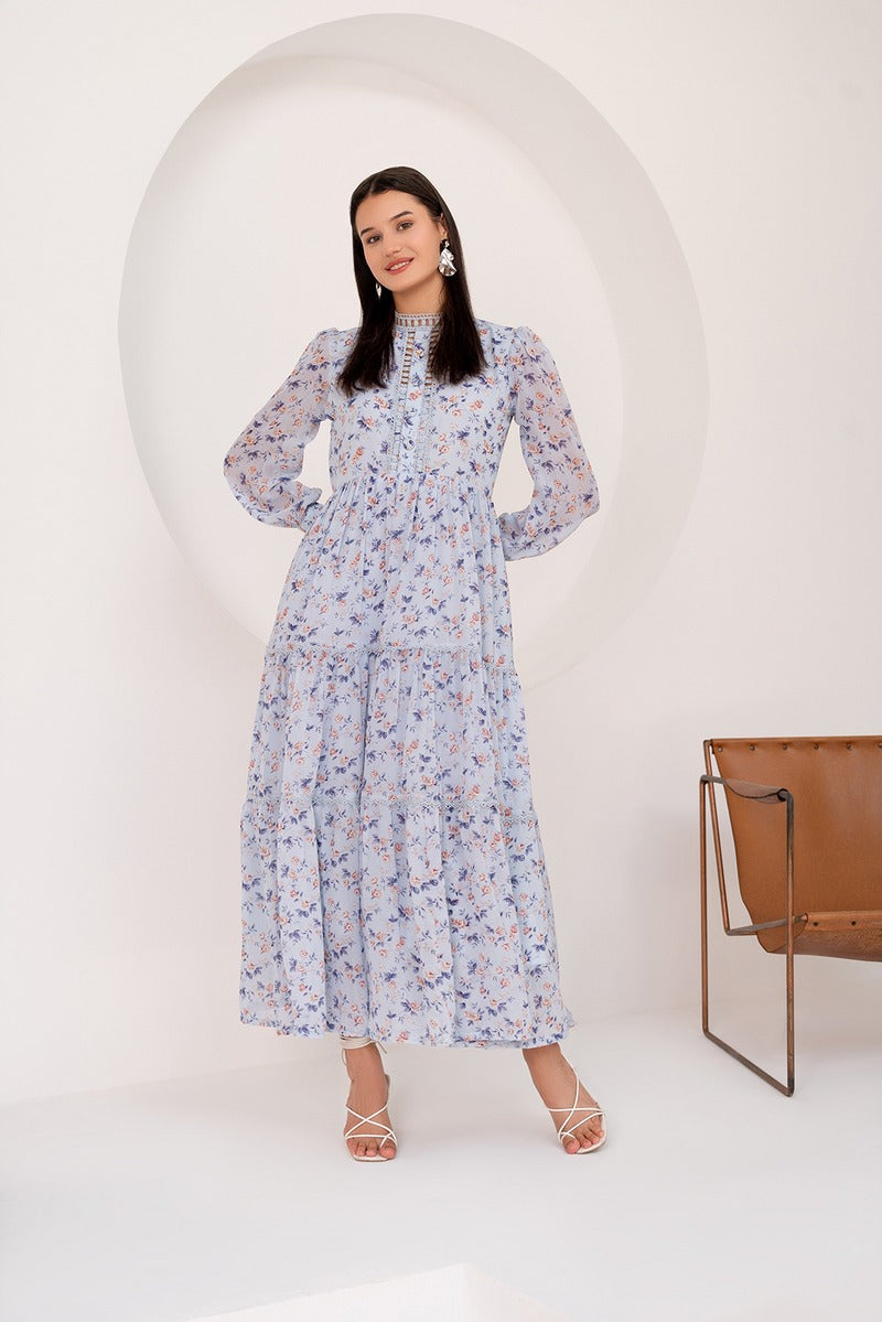 Hanna Lace Dress In Sky Blue Floral Chiffon