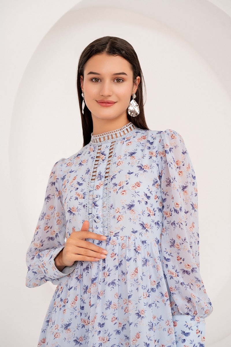 Hanna Lace Dress In Sky Blue Floral Chiffon