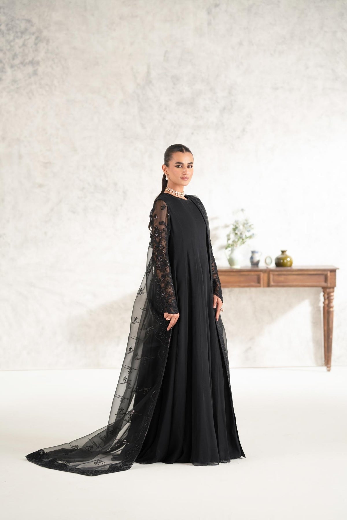Afshan Black 3 Piece Embroidered Chiffon Maxi Dress – Formal Collection