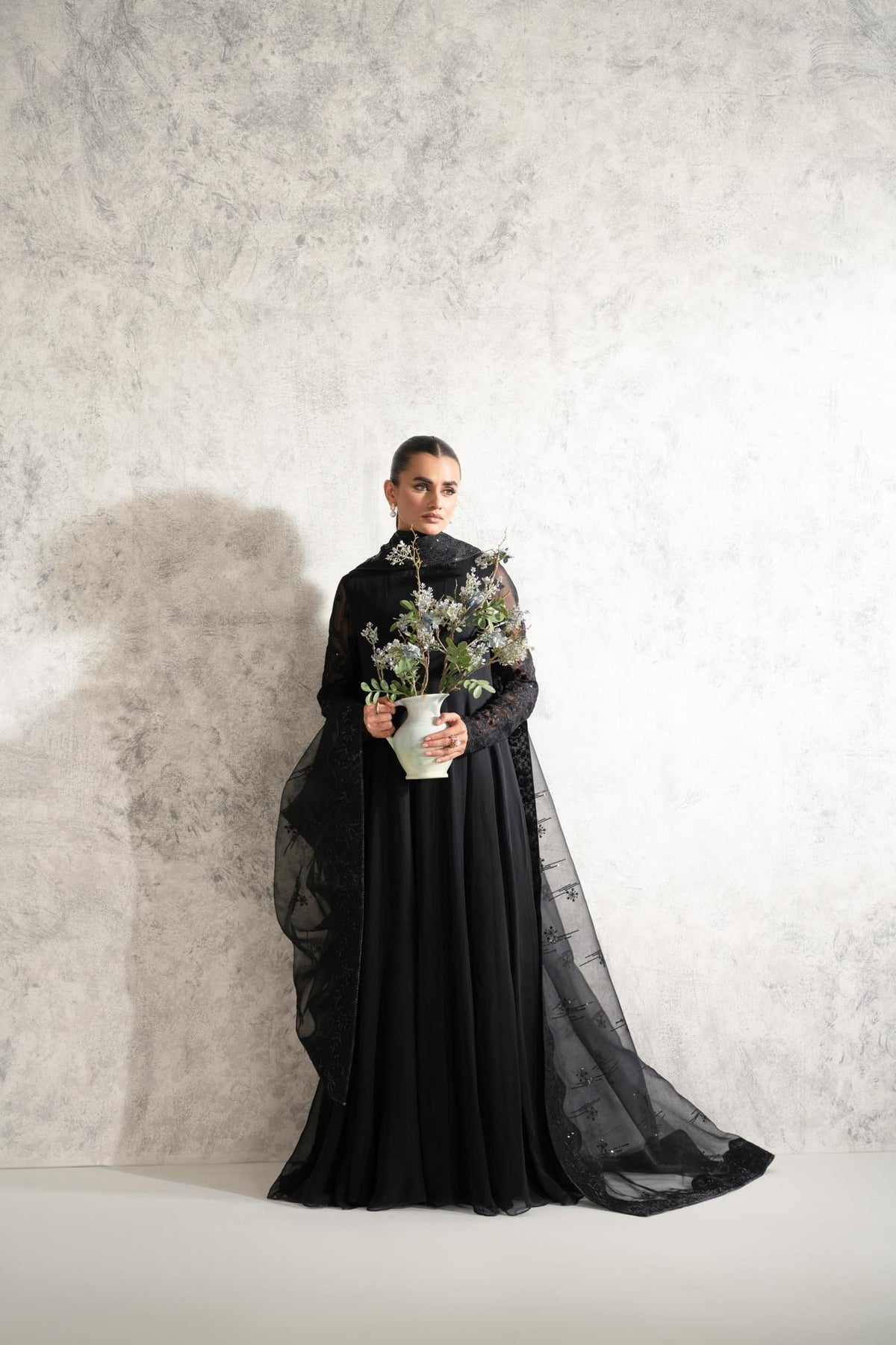 Afshan Black 3 Piece Embroidered Chiffon Maxi Dress – Formal Collection