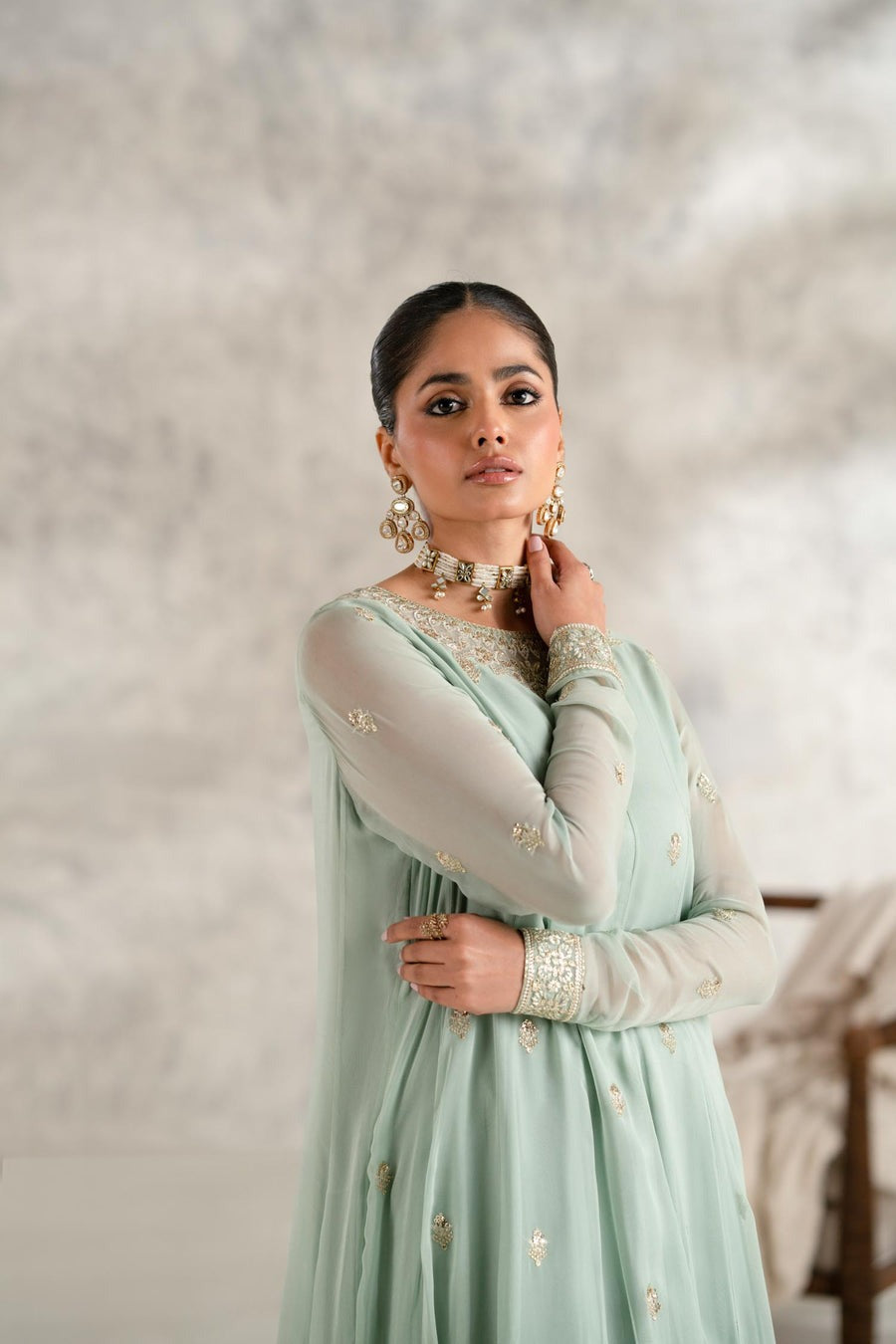 Zerqa 3 Piece Embroidered Chiffon Maxi Dress