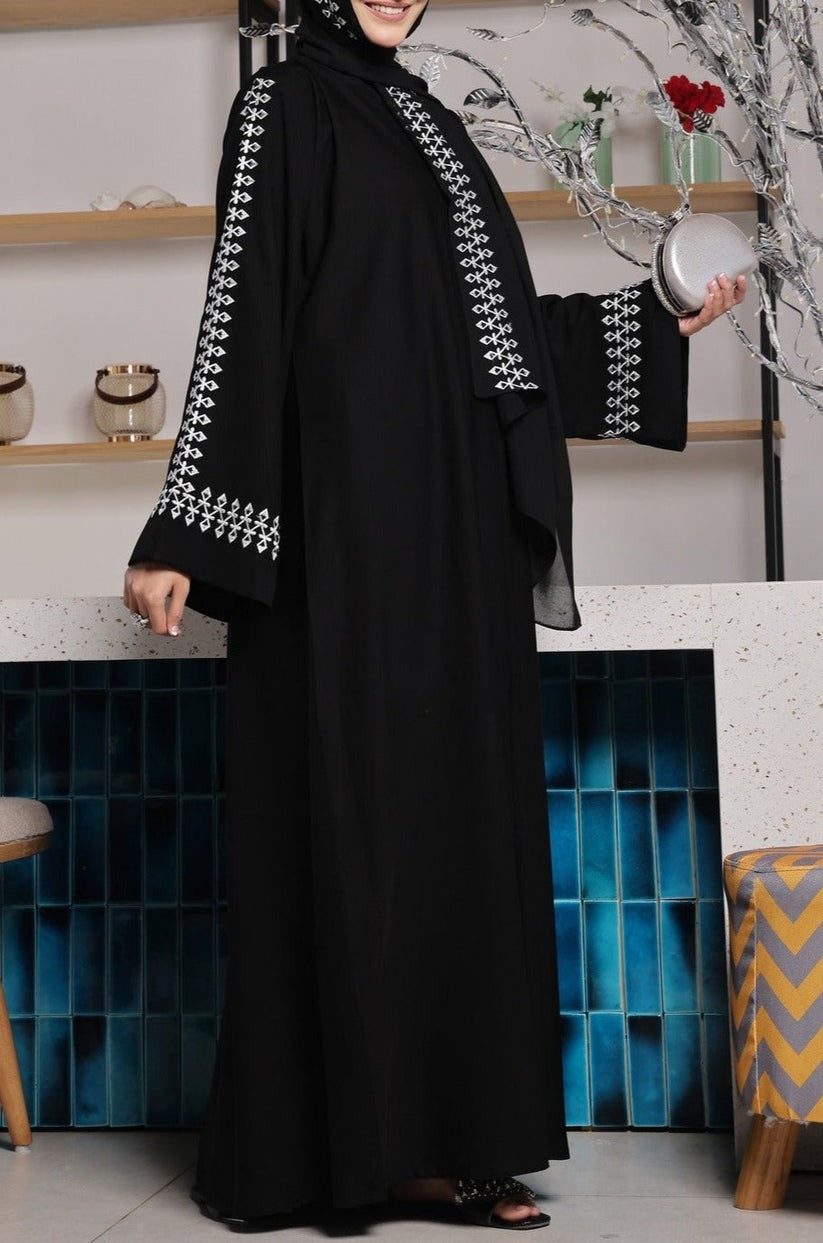 Midnight Muse Black Embroidered Abaya – Elegant Luxe Nidha Fabric