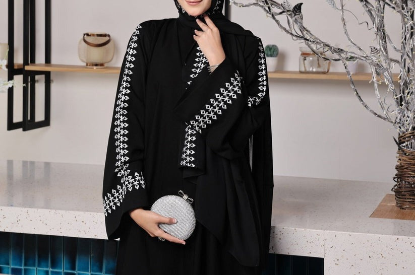 Midnight Muse Black Embroidered Abaya – Elegant Luxe Nidha Fabric