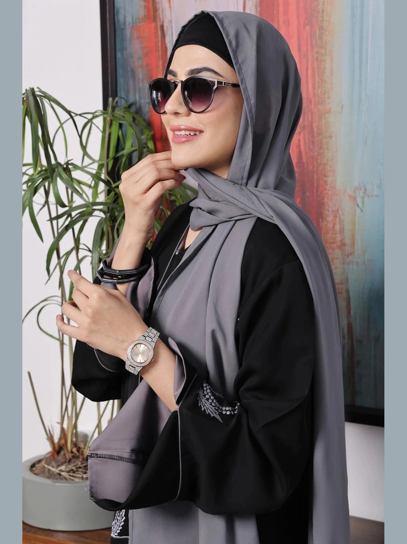 Nusrat – Black Front Open Abaya with Embroidered Bodice & Korean Chiffon Sheila