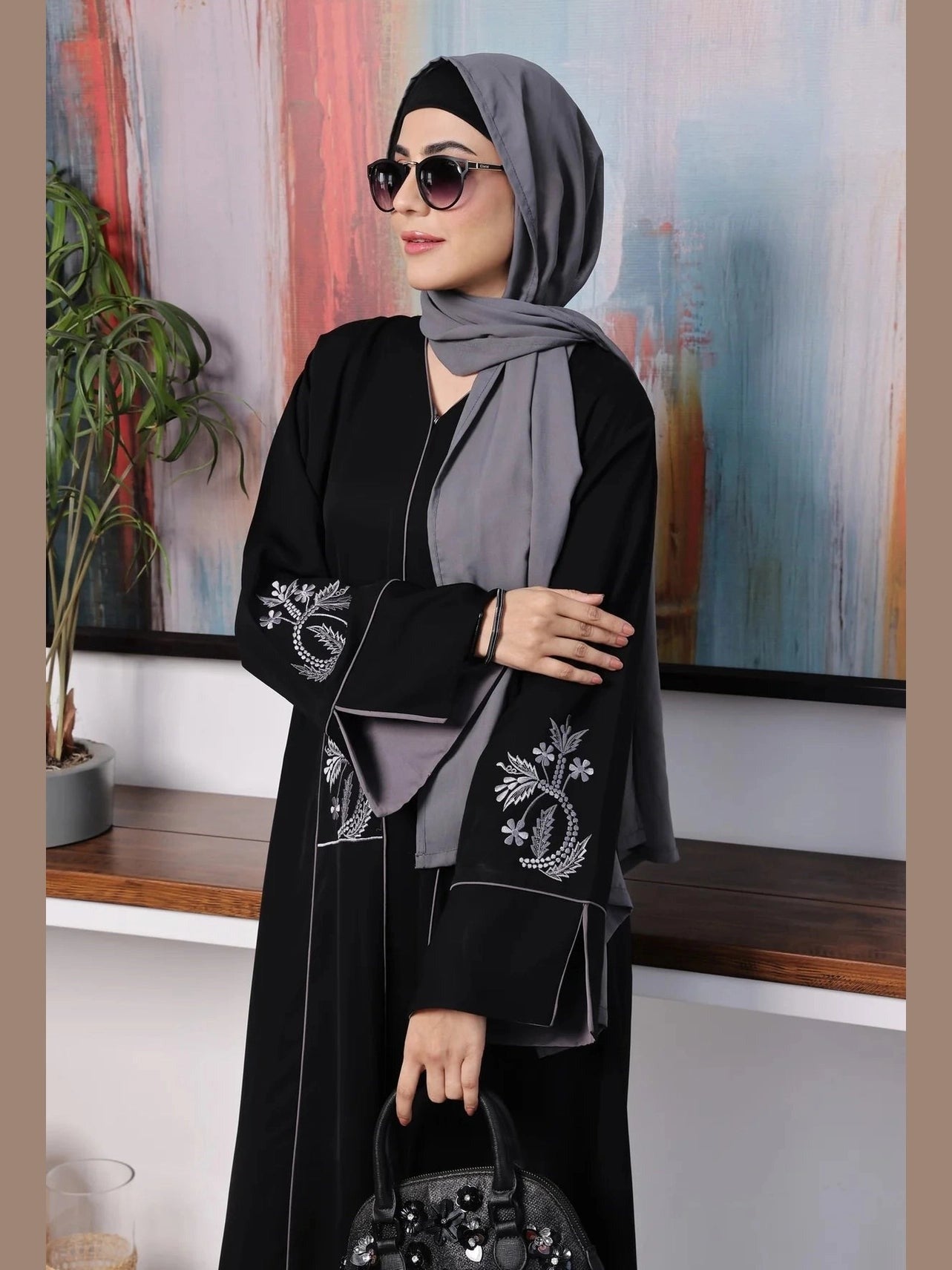 Nusrat – Black Front Open Abaya with Embroidered Bodice & Korean Chiffon Sheila
