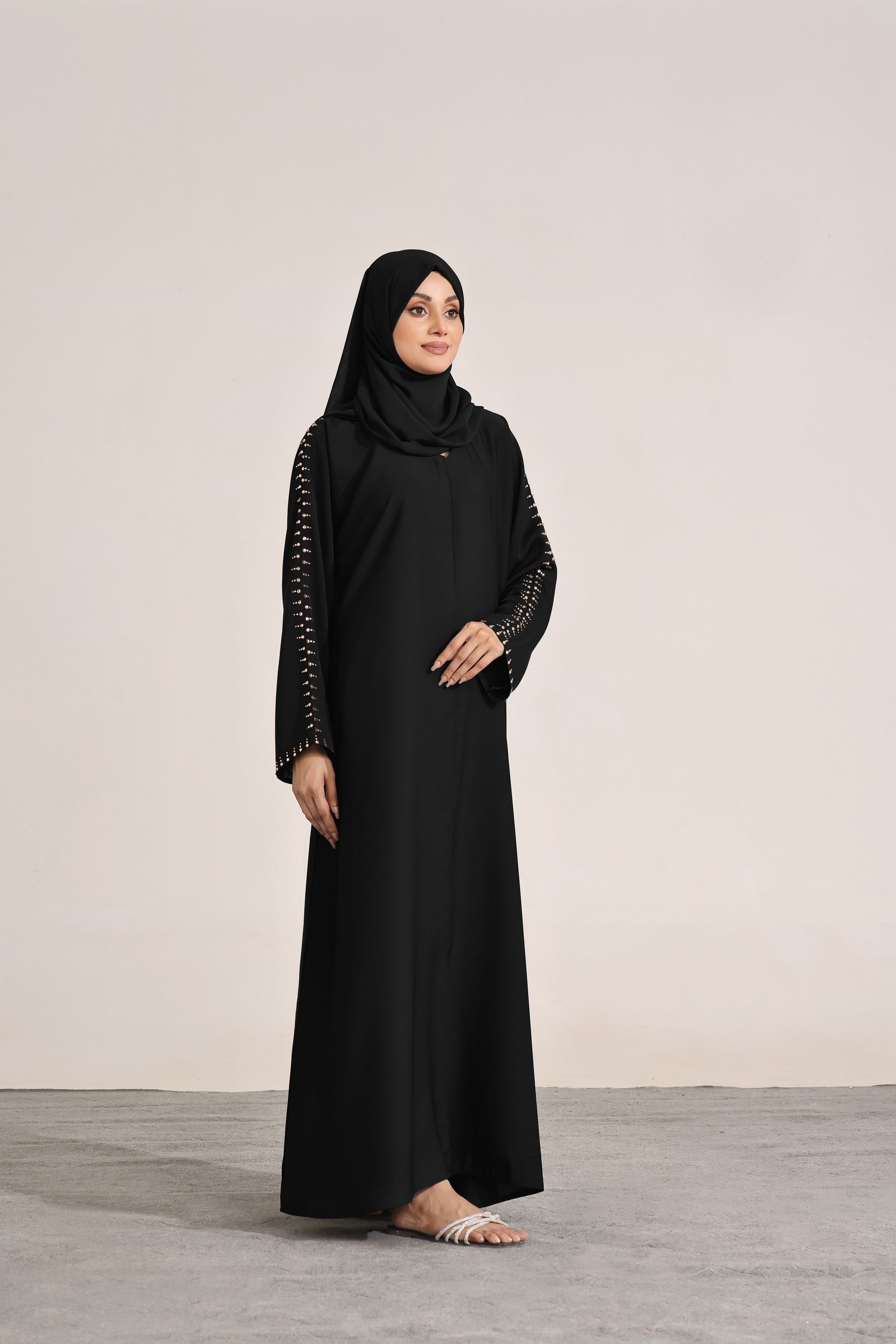 Sage Willow – Black Front-Open Abaya with Stonework Sleeves & Chiffon Sheila