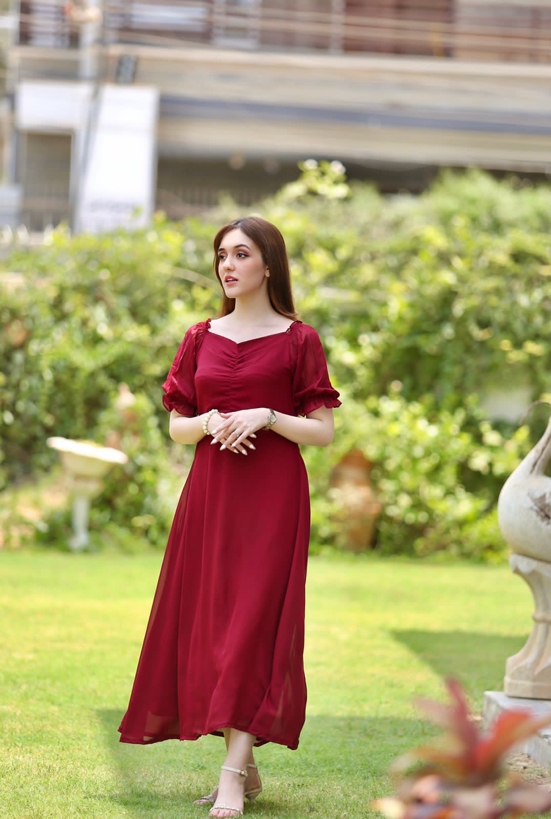 Berry Mid-Pleat Chiffon Maxi